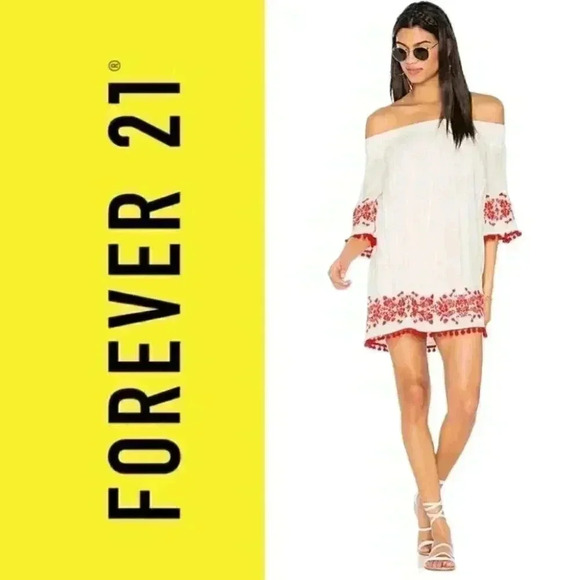 Forever 21 Women Off Shoulder Short Sleeve Bohemian Dress - Picture 1 of 13